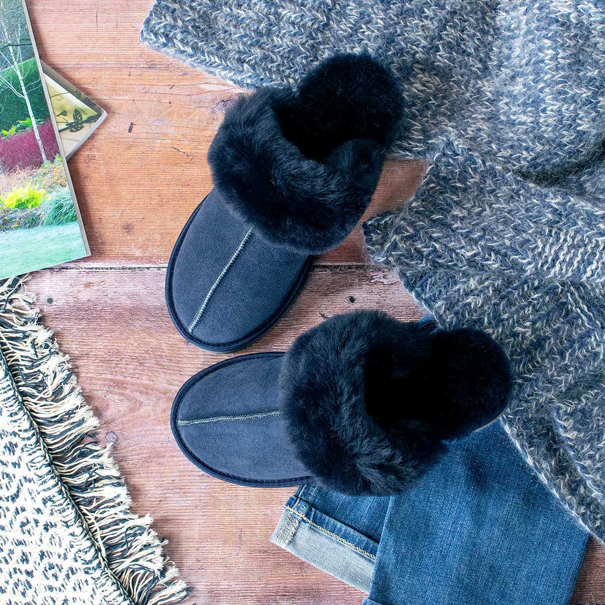 Ines Sheepskin Cuff Mules - Midnight Navy