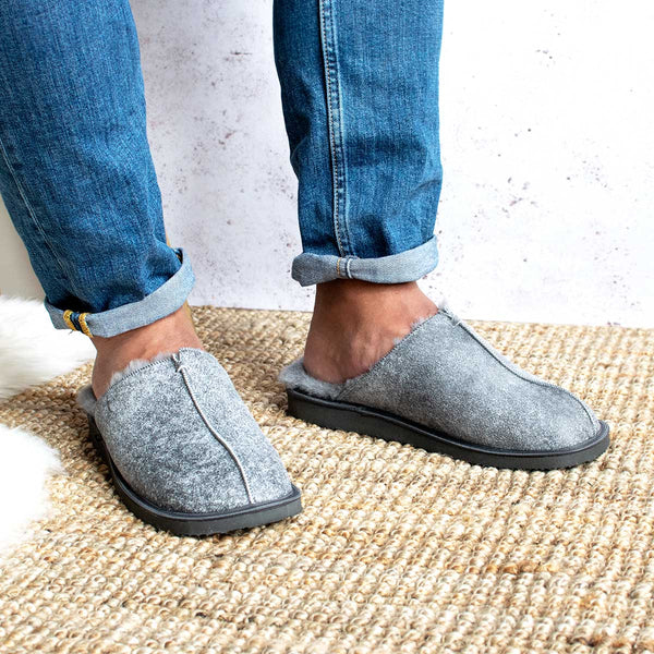 Machar Sheepskin Slippers - Grey Distressed Leather